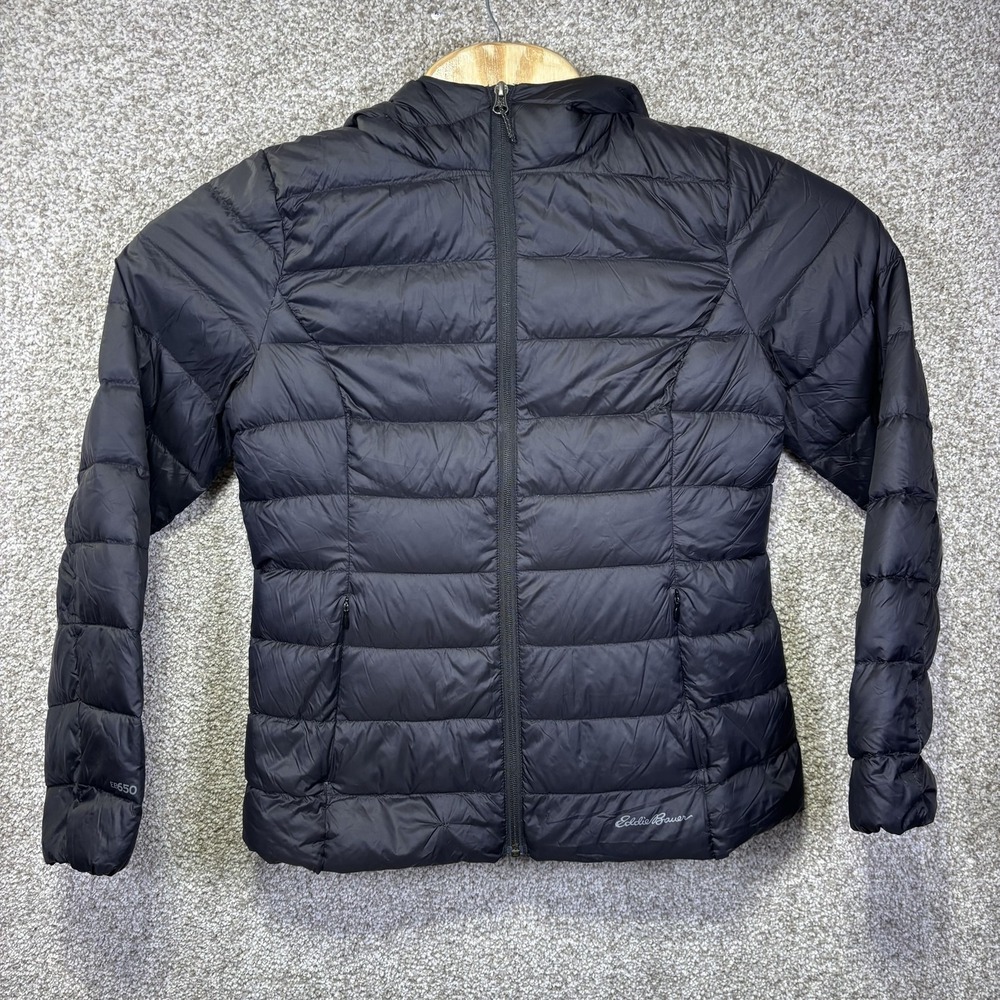 Eddie Bauer Puffer Jacket Womens M Black Hooded Down Lightweight Warm EB650